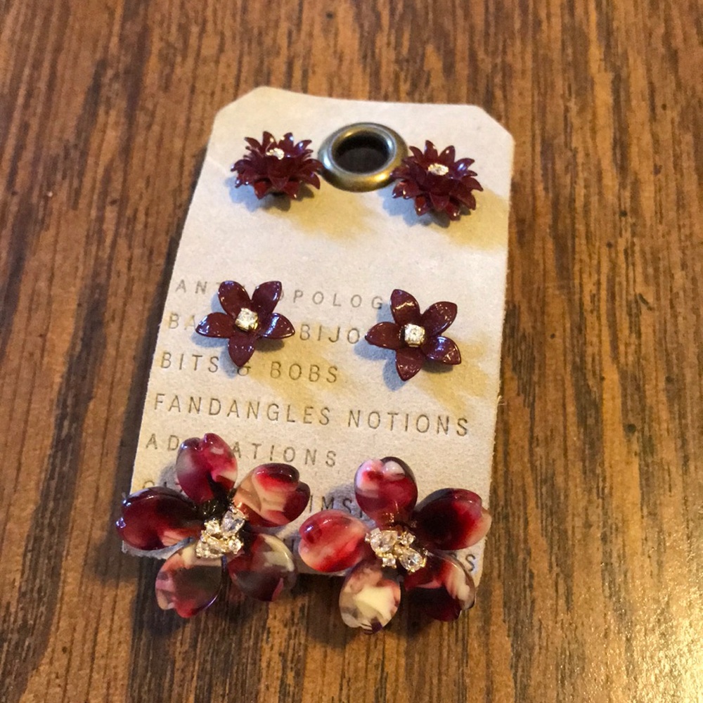 NWT Anthropologie wine red floral earrings set
